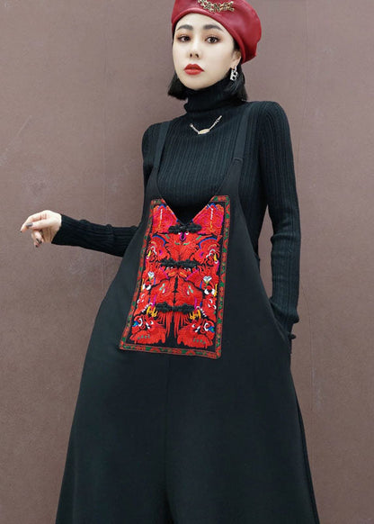 Organic Black Embroideried Wide Leg Pants Jumpsuit Spring