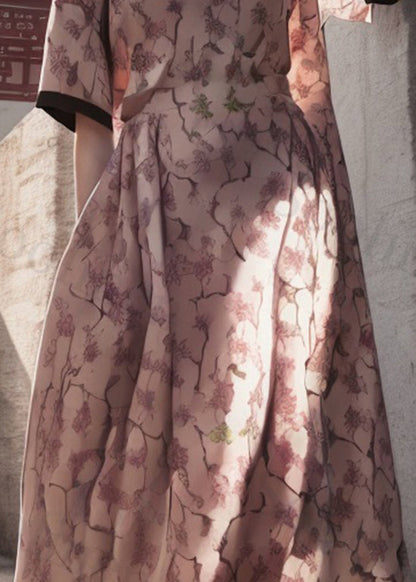 Pink V Neck Print Wrinkled Silk Dress Summer