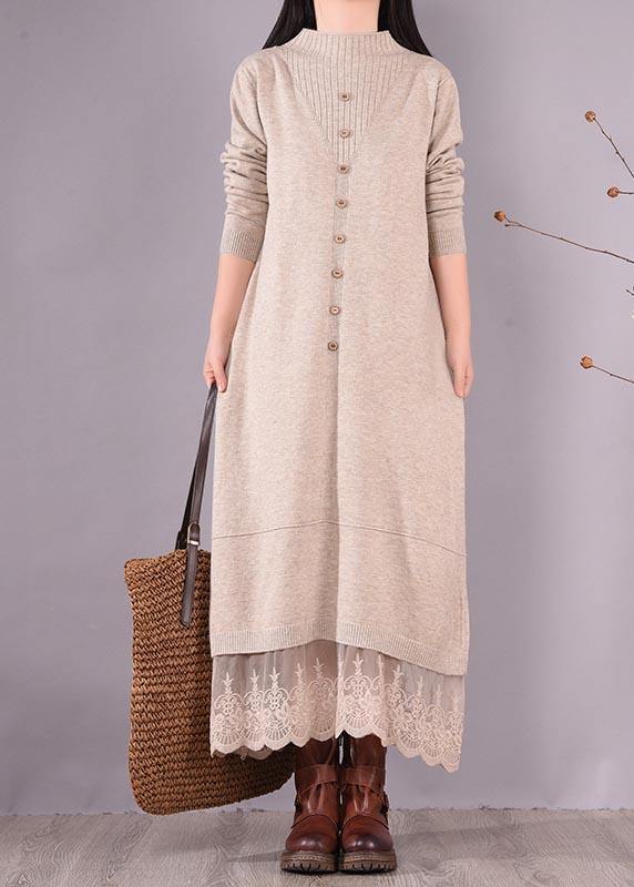French O Neck Patchwork Lace Spring Clothes for Sewing Beige Robe Dresses