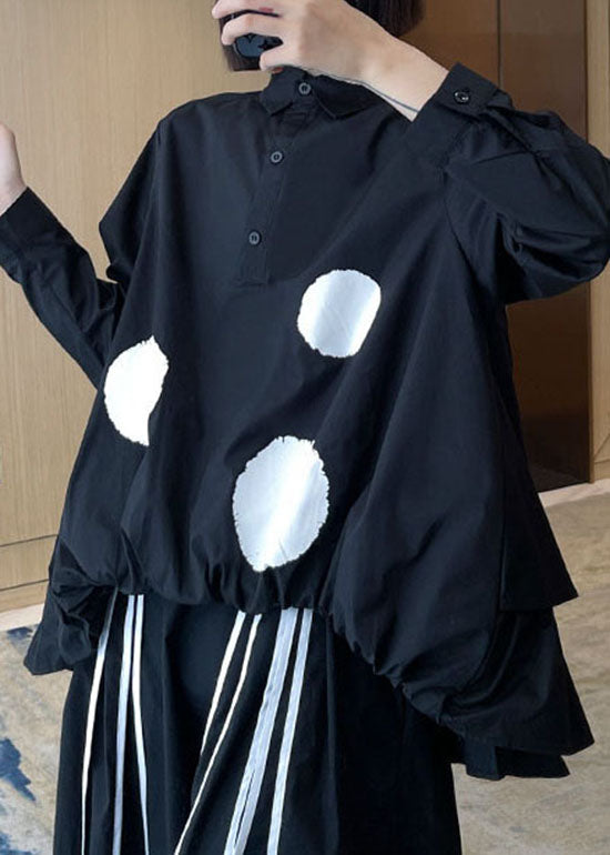 Modern Black Low High Design Peter Pan Collar Dot Patchwork Shirt Tops Spring