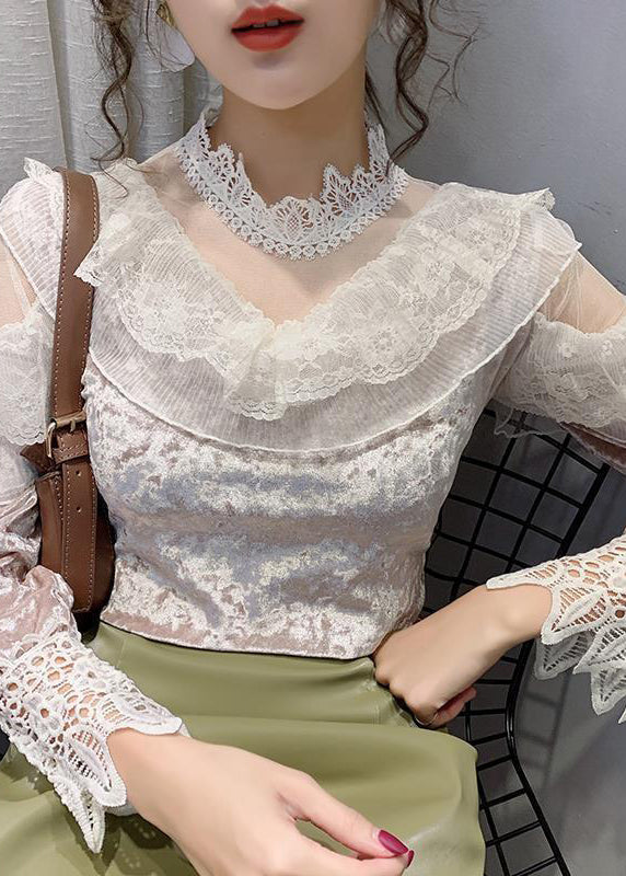 Pink Turtleneck Velour Lace Patchwork Tulle Tops Bottoming Shirt