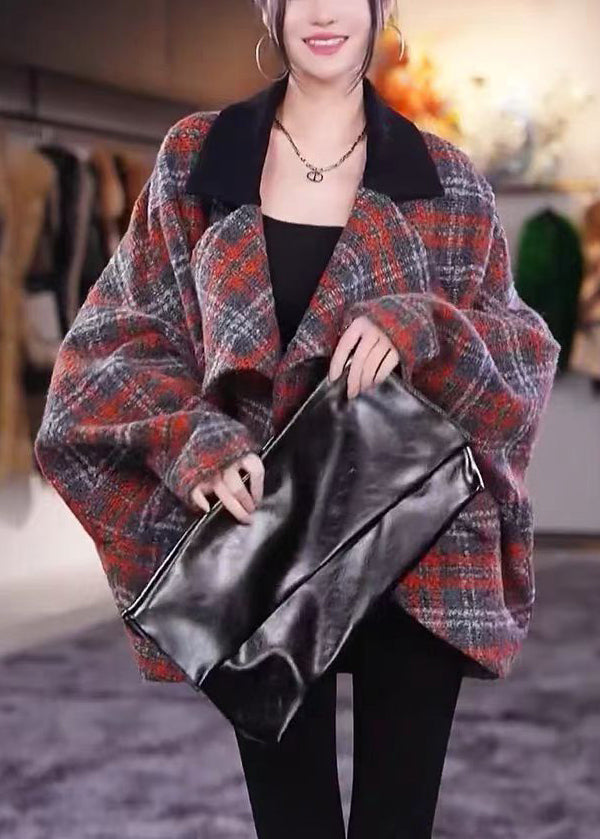 Plaid Peter Pan Collar Pockets Woolen Coats Long Sleeve