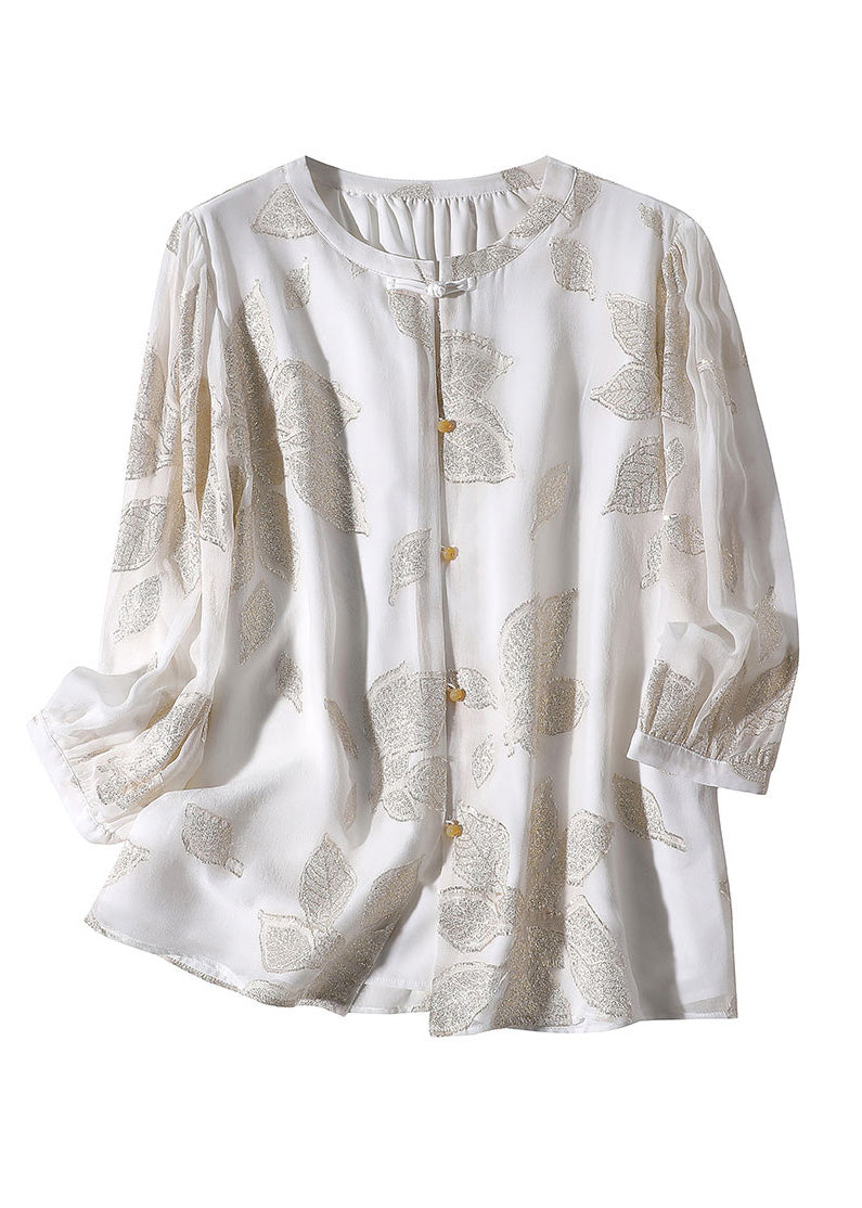 Fine White O-neck Embroideried Print Button Silk Top Spring