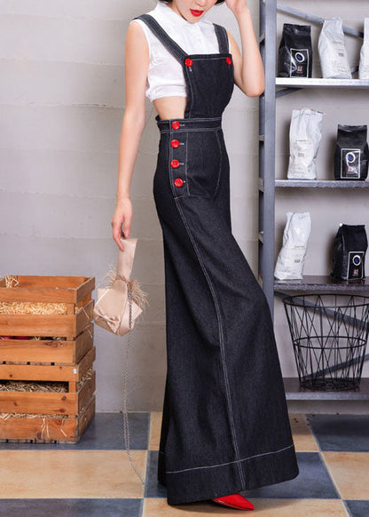 Navy Button Denim Strap Wide Leg Jumpsuit Fall