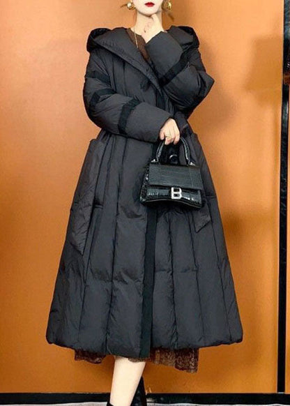 Black Hooded Oversized Pockets Duck Down Puffers Jackets Winter