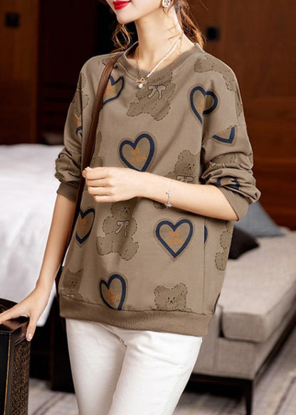 Coffee O Neck Print Patchwork Cotton Sweatshirt Fall