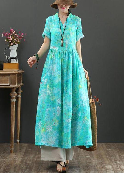 Blue Print Linen a Line Summer Holiday Dress