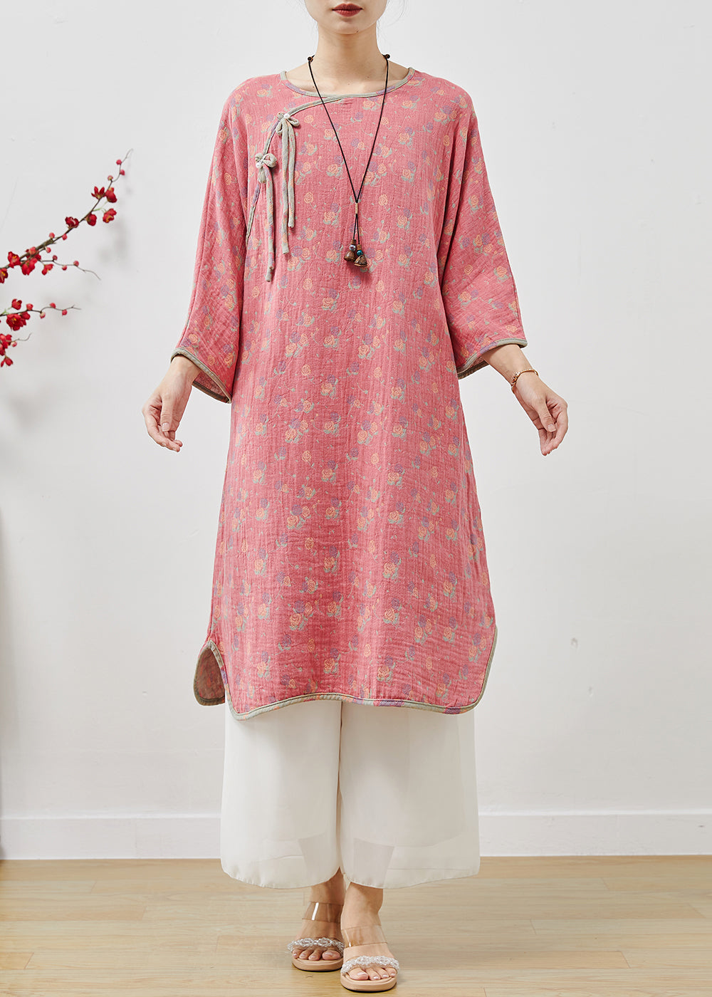 Pink Tasseled Print Cotton Long Dress Spring