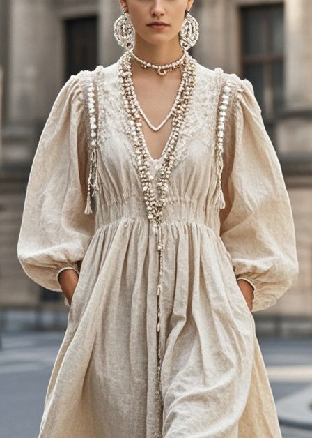 Nail Bead V Neck Cotton Holiday Dress Fall