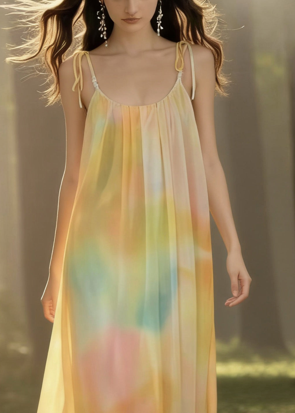 Yellow Tie Dye Backless Chiffon Spaghetti Strap Dress Sleeveless