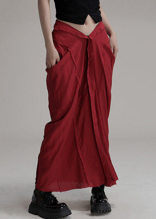 Red Asymmetrical Pockets Cotton Maxi Skirts Spring