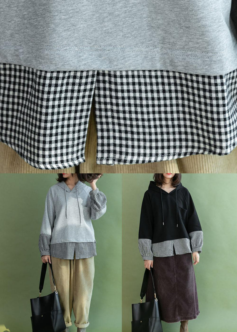 Stylish Black Patchwork Plaid Pockets Fall Loose Pullover Street Wear