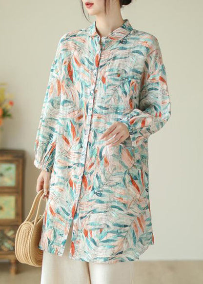 Peter Pan Collar Print Button Cotton Blouses Long Sleeve