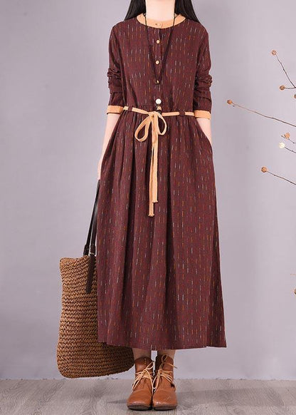 Modern O Neck Tie Waist Spring Wardrobes Shirts Burgundy Striped Dresses