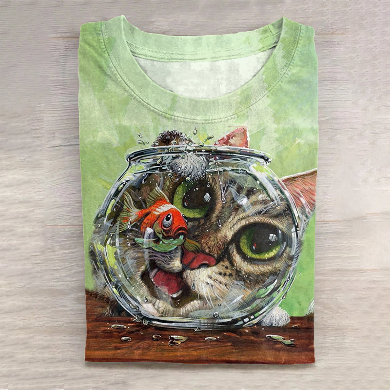 Abstract Creative Cute Greedy Cat Art Print Cotton Graphic T-shirt elevenforest
