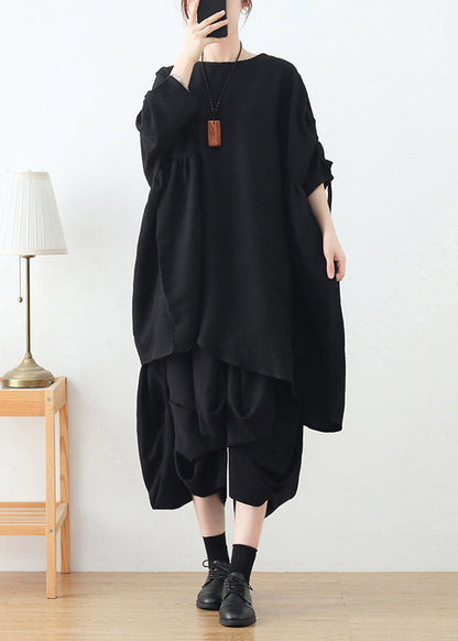 Black Loose Cotton Pullover Tops Asymmetrical Design Long Sleeve