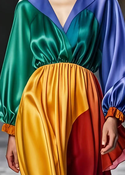 Colorblock V Neck Patchwork Silk Long Dress Spring