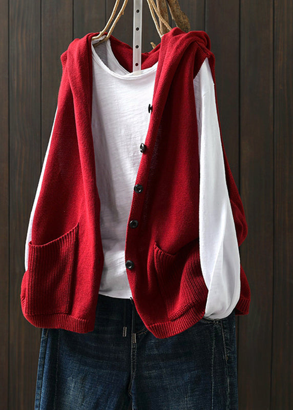 Red Button Knitted Cotton Thread Hoodie Waistcoat Fall