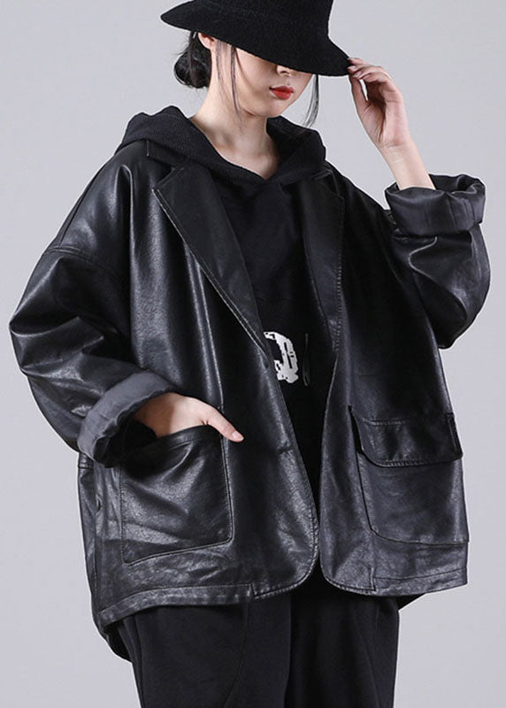 Unique Black Notched Pockets Button Fall Long Pu Sleeve Coat