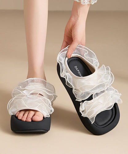 Black Platform Tulle Ruffled Splicing Slide Sandals