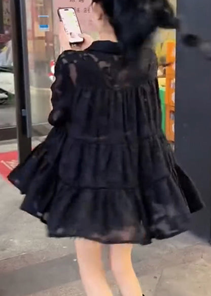 Black Embroidered Tulle Patchwork Wrinkled Shirt Summer