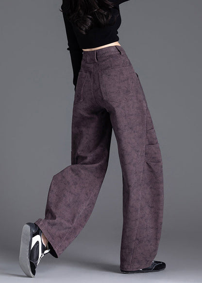 Purple Pockets Print Wrinkled Denim Pants Spring