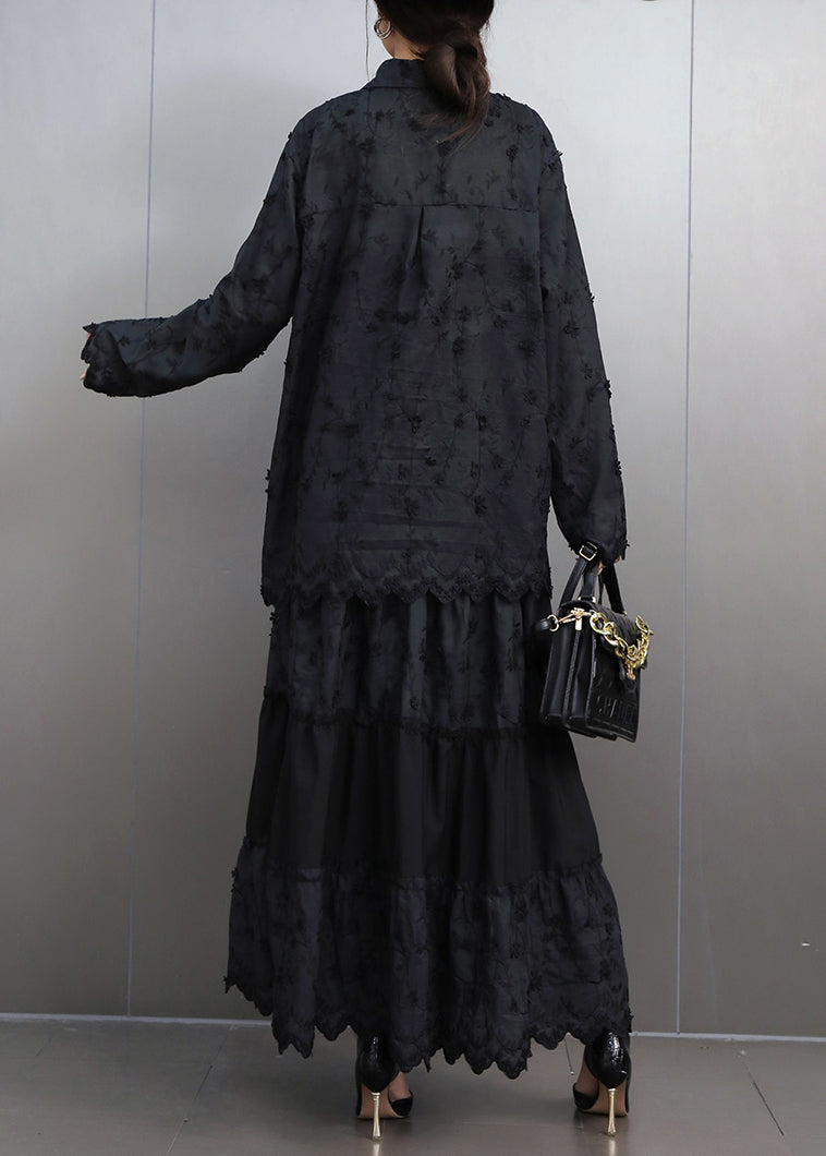 Black Lace Top and Maxi Skirts Two Pieces Set Peter Pan Collar Fall