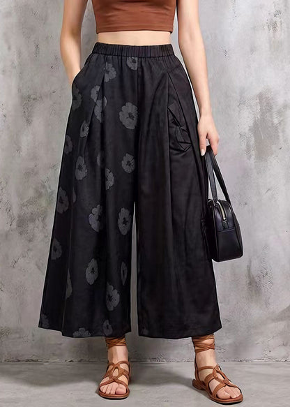 Modern Black Pockets Print Cotton Crop Pants Summer