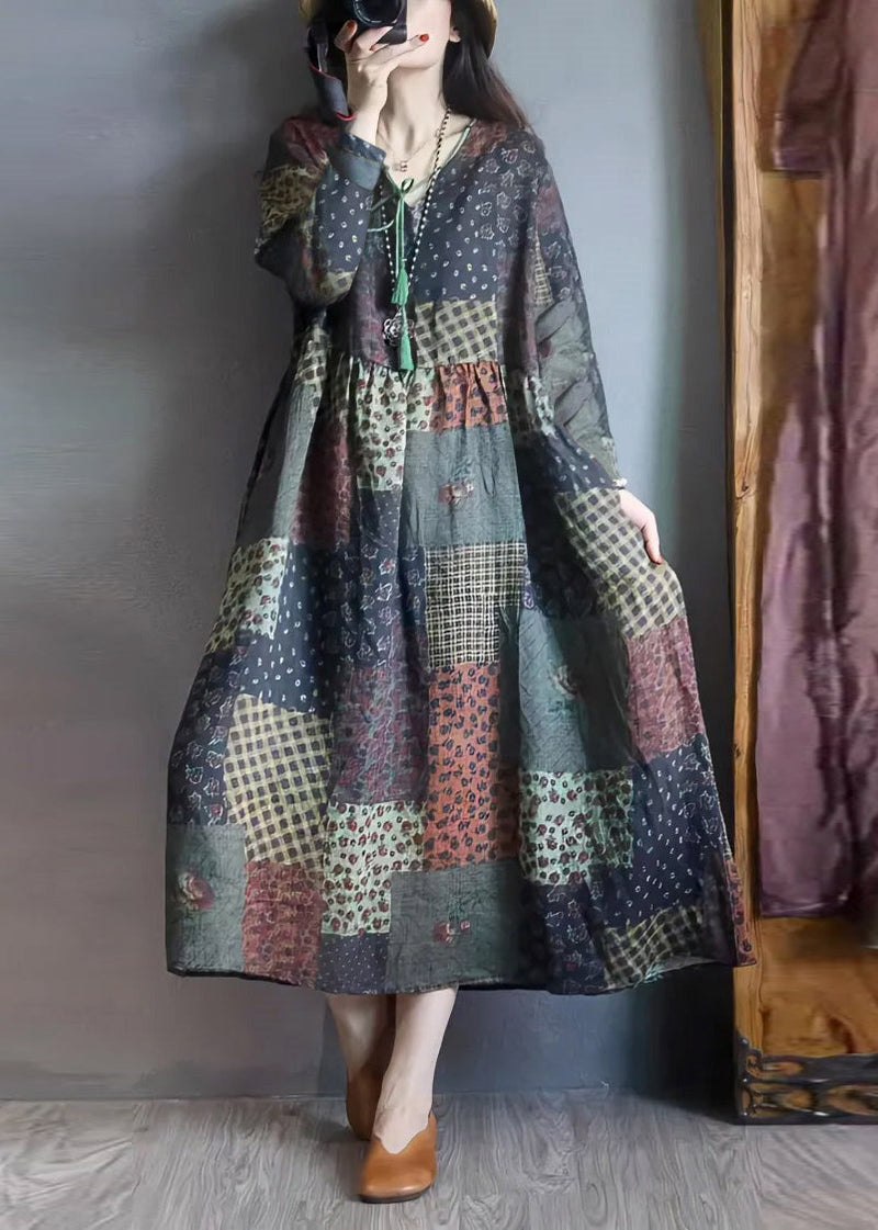 Colorblock Oversized Print Linen Long Dresses Spring