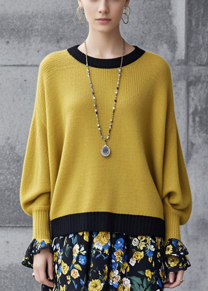 Yellow Oversized Patchwork Knit Sweaters Fall