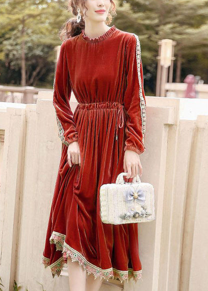 Orange Cinched Patchwork Lace Silk Velour Long Dress Spring