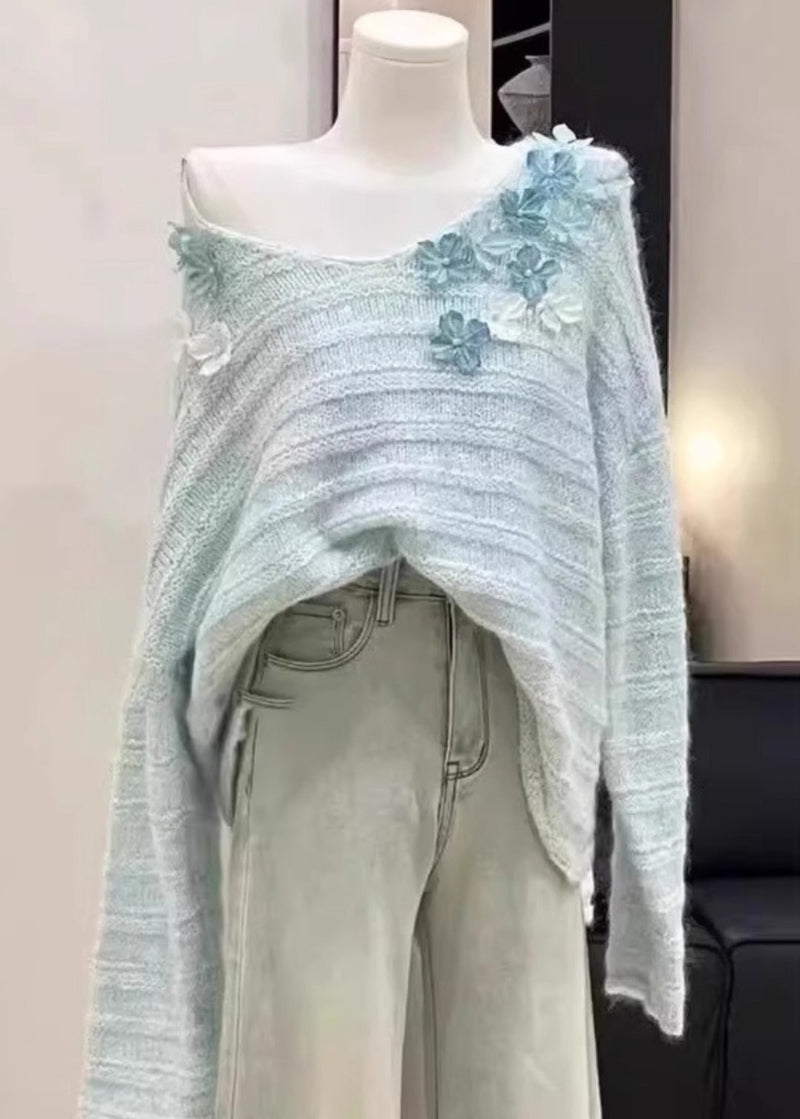 New Light Blue Cold Shoulder Knit Sweaters Winter