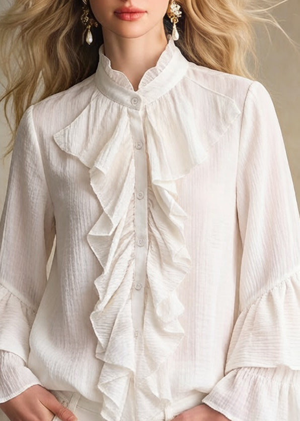 Apricot Stand Collar Ruffled Button Cotton Shirt Spring