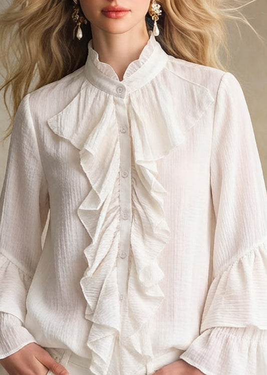 Apricot Stand Collar Ruffled Button Cotton Shirt Spring