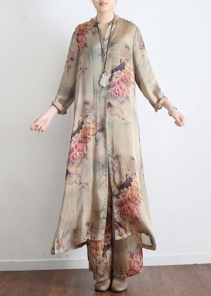 Spring Loose Print Silk Satin Split Long Sleeve Shirt + Wide Leg Pants