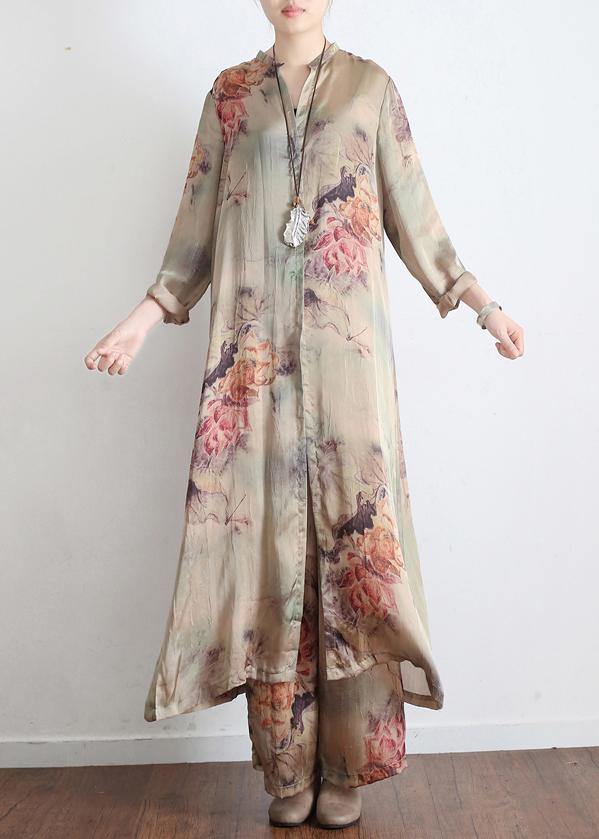 Spring Loose Print Silk Satin Split Long Sleeve Shirt + Wide Leg Pants