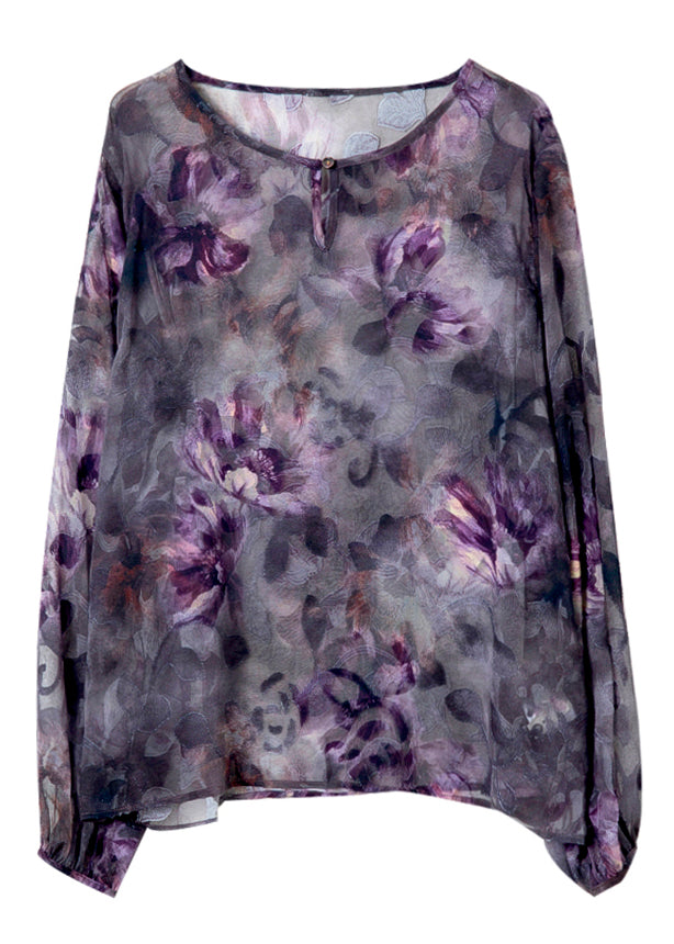 Stylish Purple O-neck Print Chiffon Top Spring