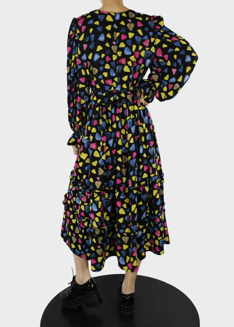 Unique Black O-neck Cinched Print Long Dresses Spring