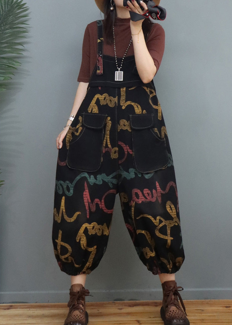 Graphic Print Patchwork Denim Lantern Jumpsuits Spring