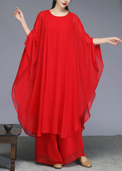 Red Maxi Dress and Wide Leg Pants Two Piece Set Batwin Sleeve
