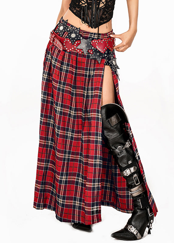 Red Plaid Side Open Maxi Skirts Summer