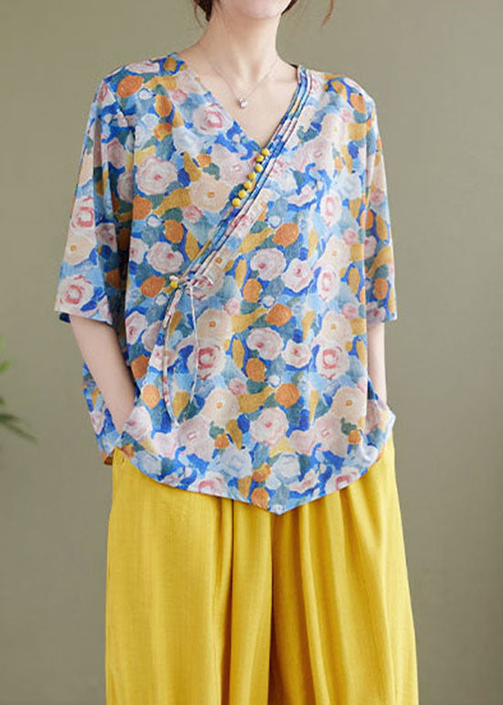 Blue V Neck Print Patchwork Cotton Shirt Tops Summer