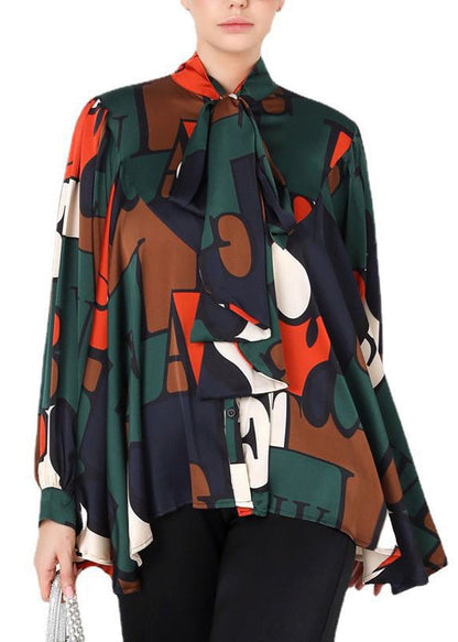 Colorblock Bow Print Patchwork Silk Shirt Spring