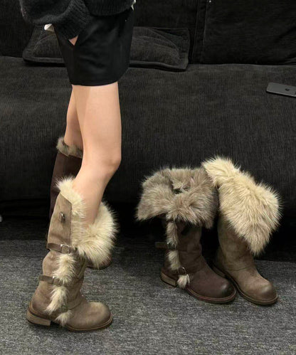 Suede Grey Suede Splicing Boots Fuzzy Wool Lined