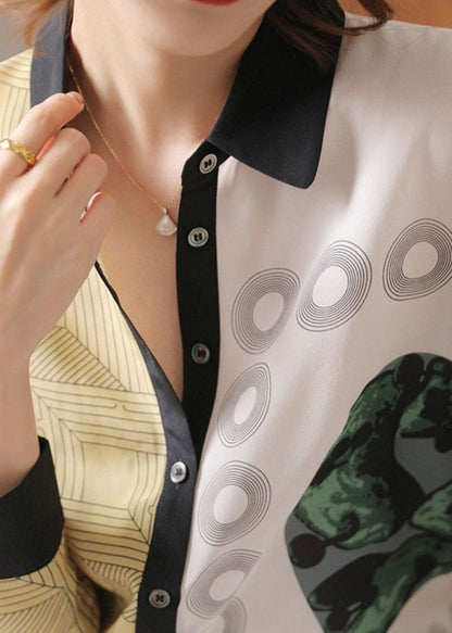 Colorblock Peter Pan Collar Button Print Silk Shirt Spring