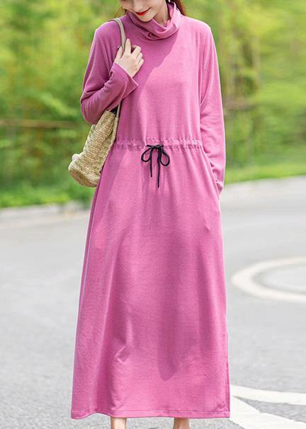 High Neck Drawstring Spring Tunics Design Pink Robe Dress