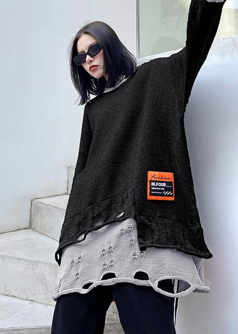 For Spring Gray Sweater Tops O Neck Hole Knitted Blouse