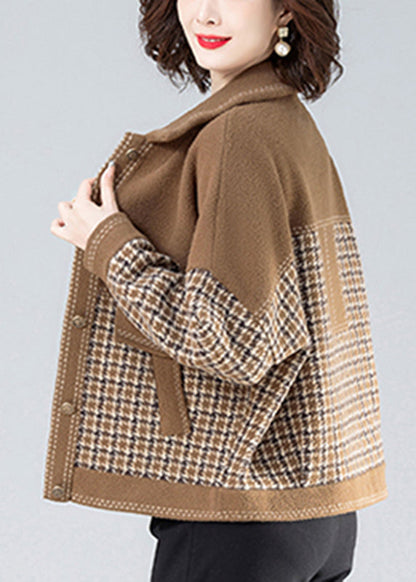 Camel Peter Pan Collar Print Patchwork Coats Long Sleeve
