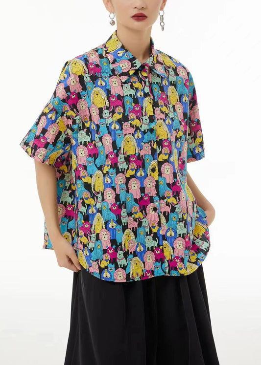 Khaki Peter Pan Collar Animal Print Cotton Blouses Summer