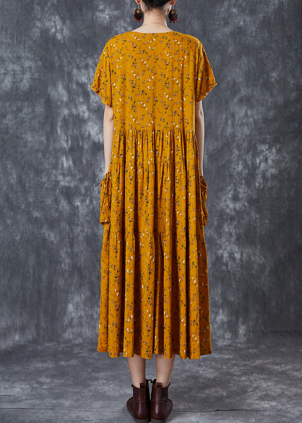 Yellow Cinched Print Cotton Dress Summer